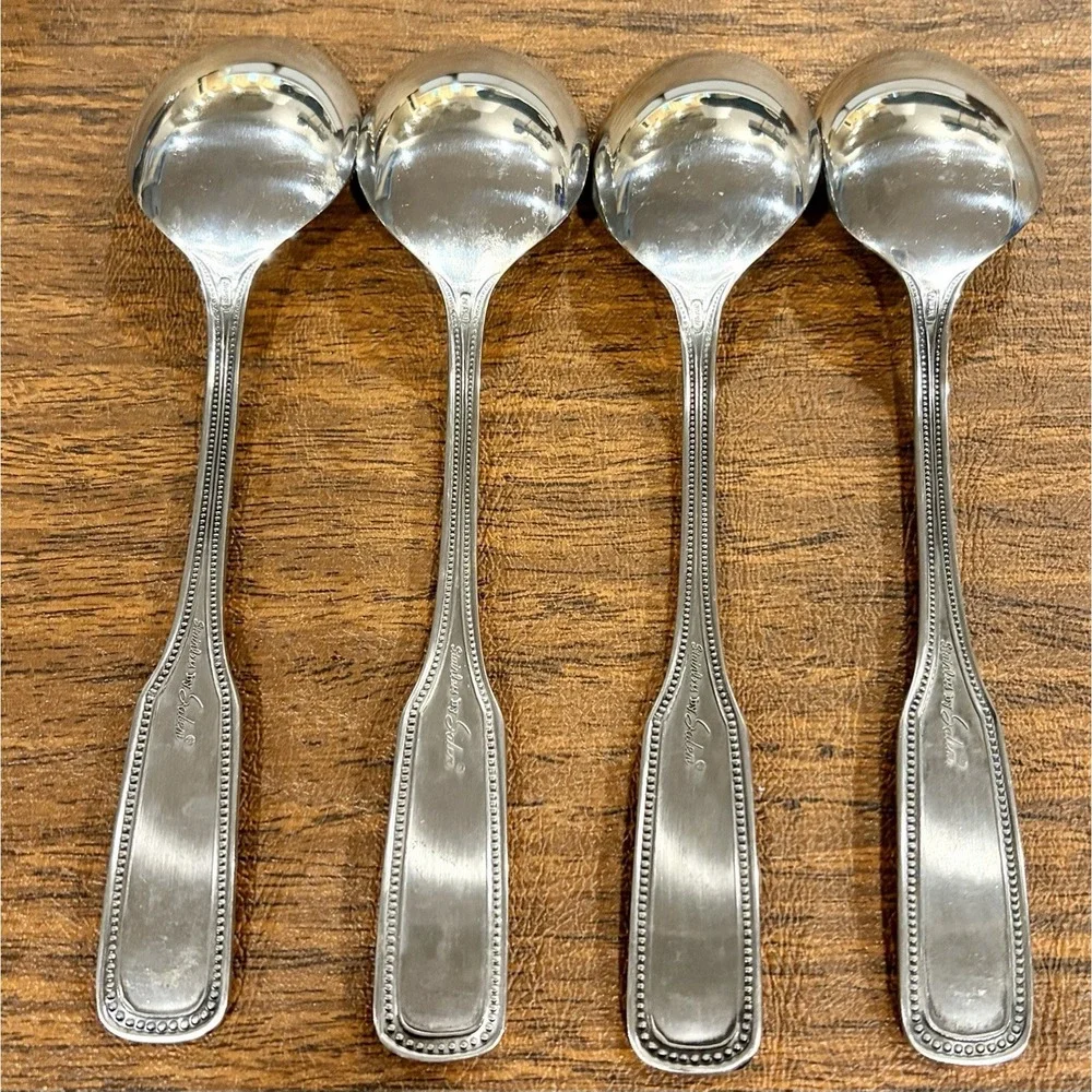 Salem 1776 Stainless SET OF 4 Oval Soup Spoons Beaded Edge Flatware Vintage 70s